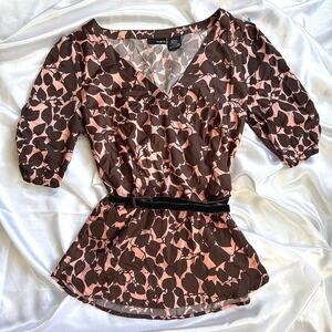Mixit Womens Brown Pink Leaf Print Faux Wrap Blouse Short Sleeve Belted Top M